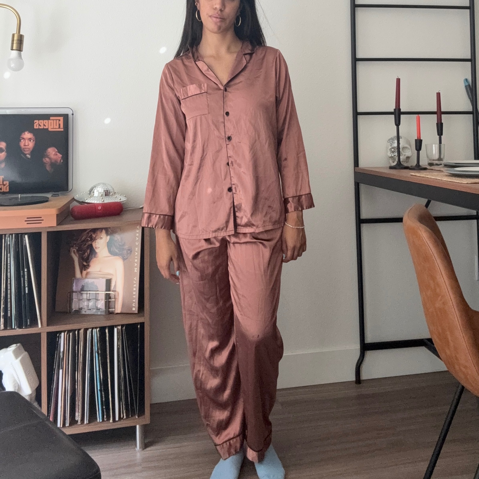 Mauve Satin Pajama Set Long Sleeve Button Down Top And Pants Rose Gold Medium